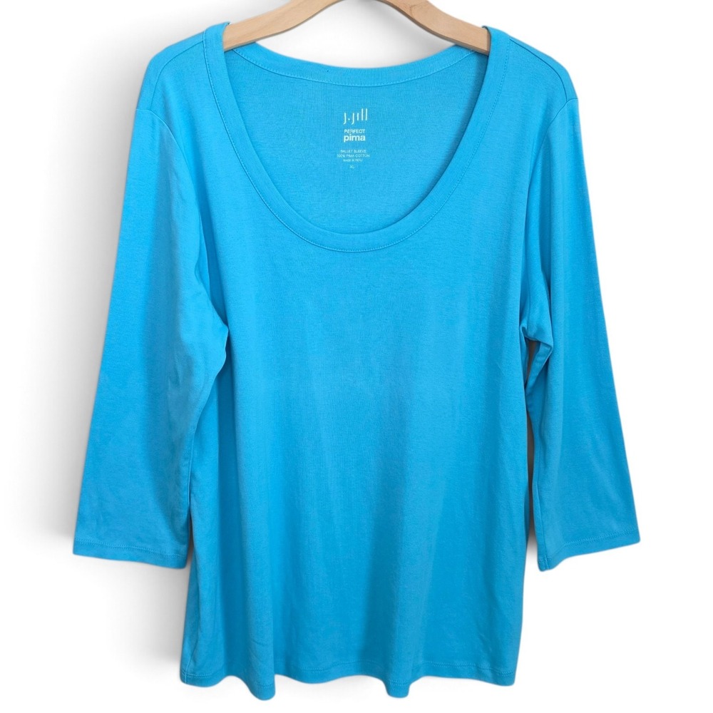 J Jill Shirt Womens XL Blue Perfect Pima Ballet Sleeve Scoop Neck Top 3/4 Sleeve